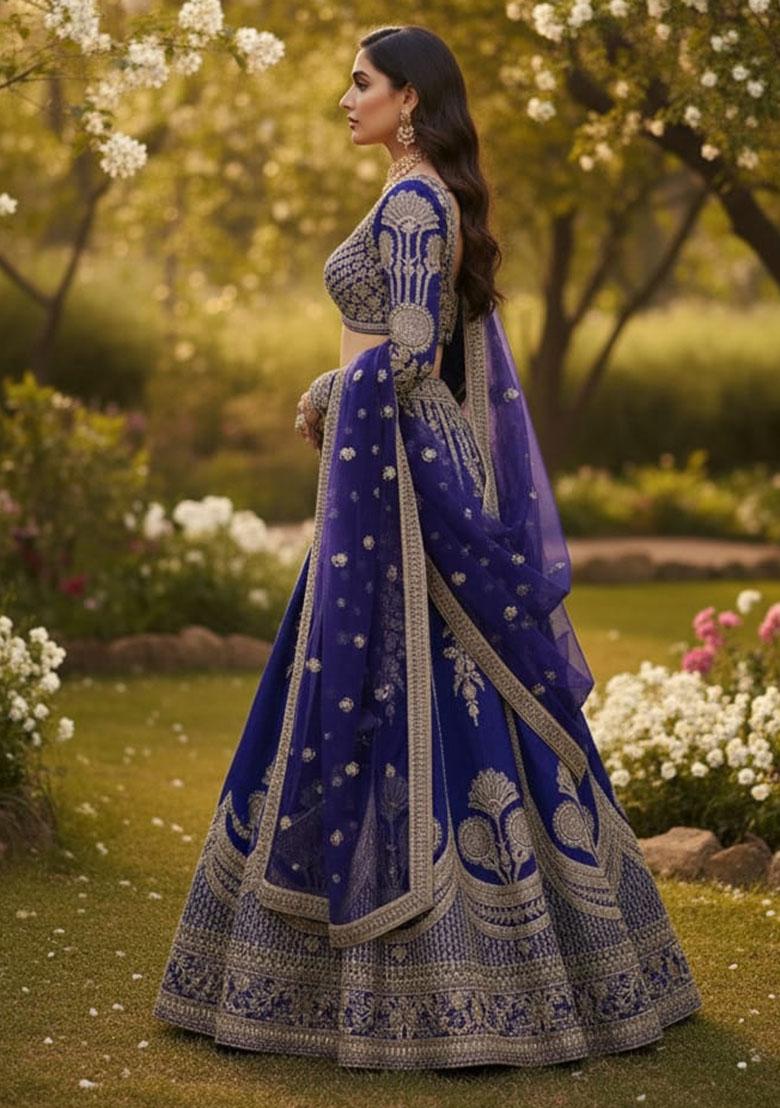 Blue Embroidered Silk Lehenga Set - Indya