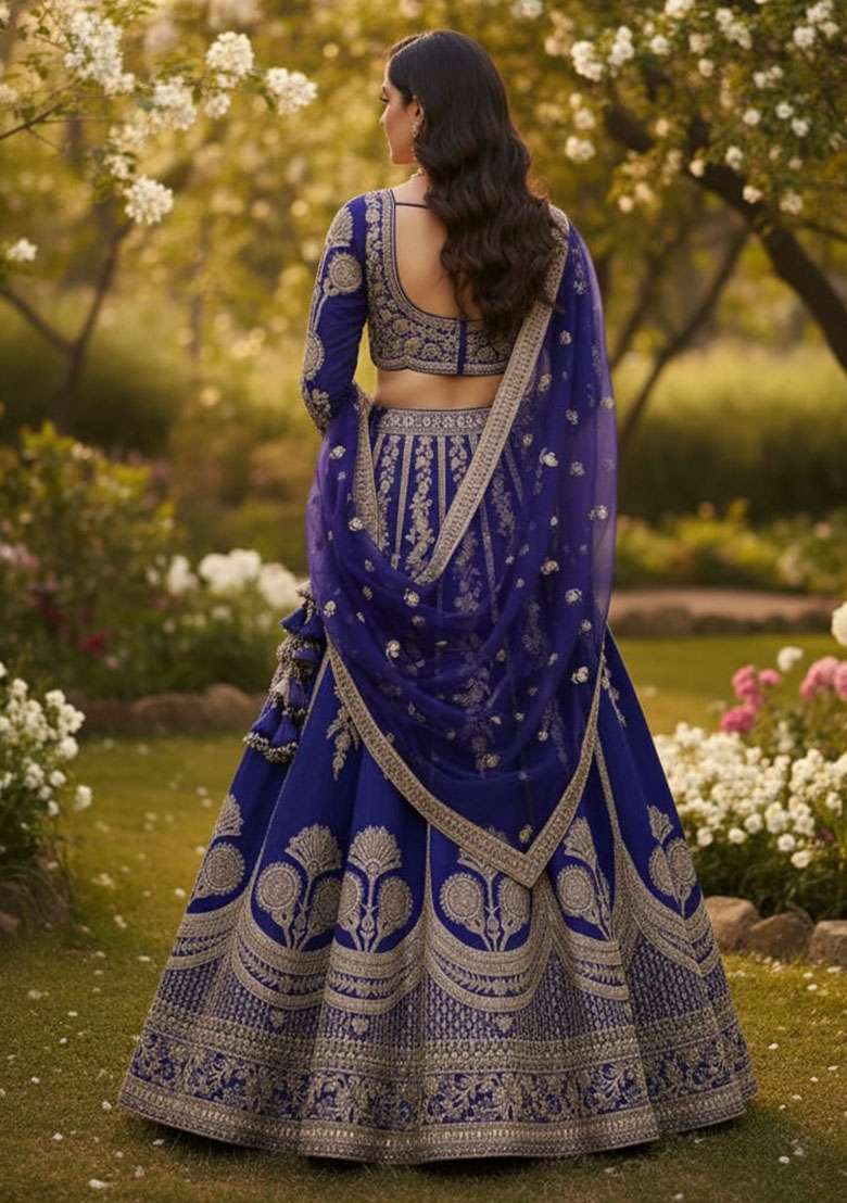 Blue Silk Blend Lehenga Set with Embroidered for Diwali | Wedding & Festive Wear - Indya