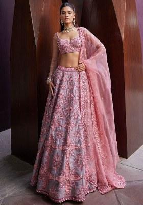 Peach Embroidered Silk Lehenga Set