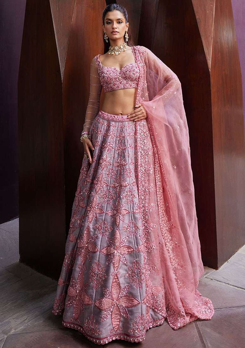 Peach Silk Blend Lehenga Set with Embroidered for Diwali | Wedding & Festive Wear - Indya