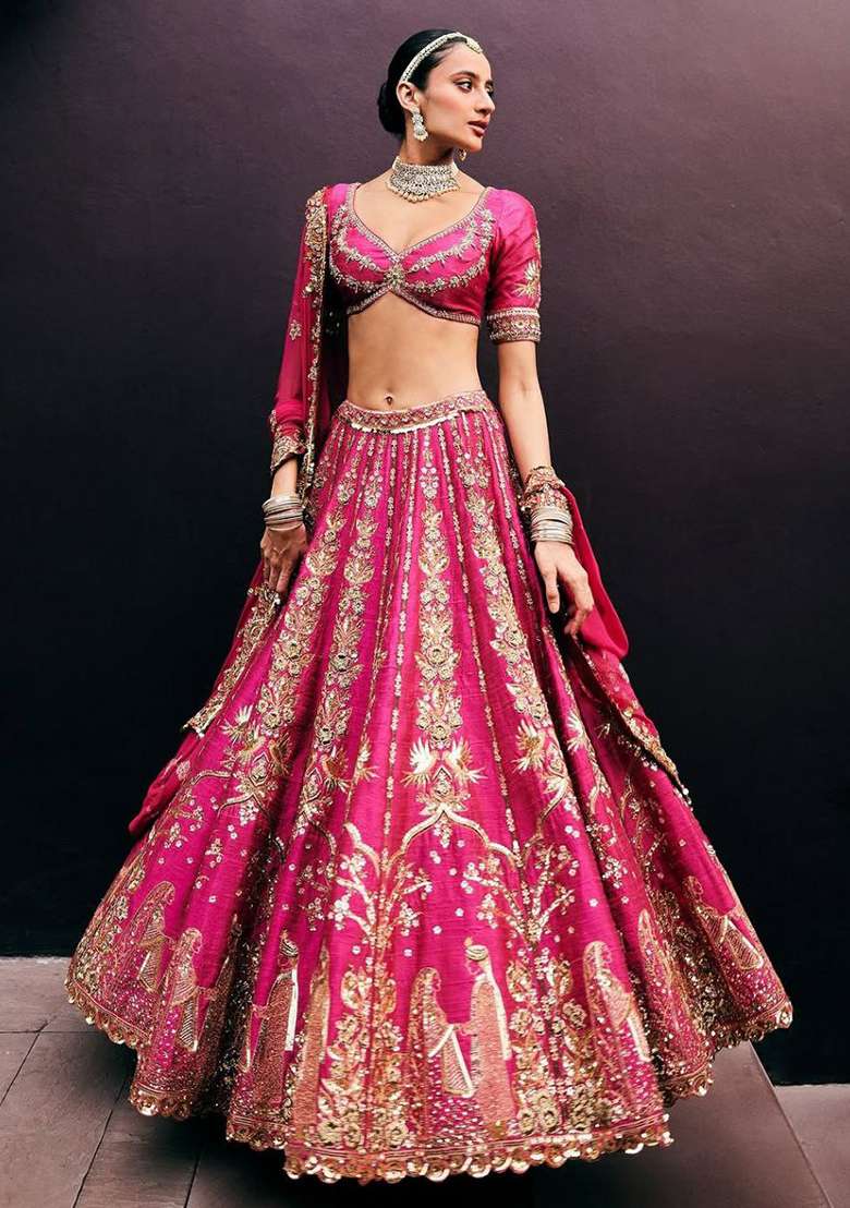 Pink Silk Blend Lehenga Set with Embroidered for Diwali | Wedding & Festive Wear - Indya