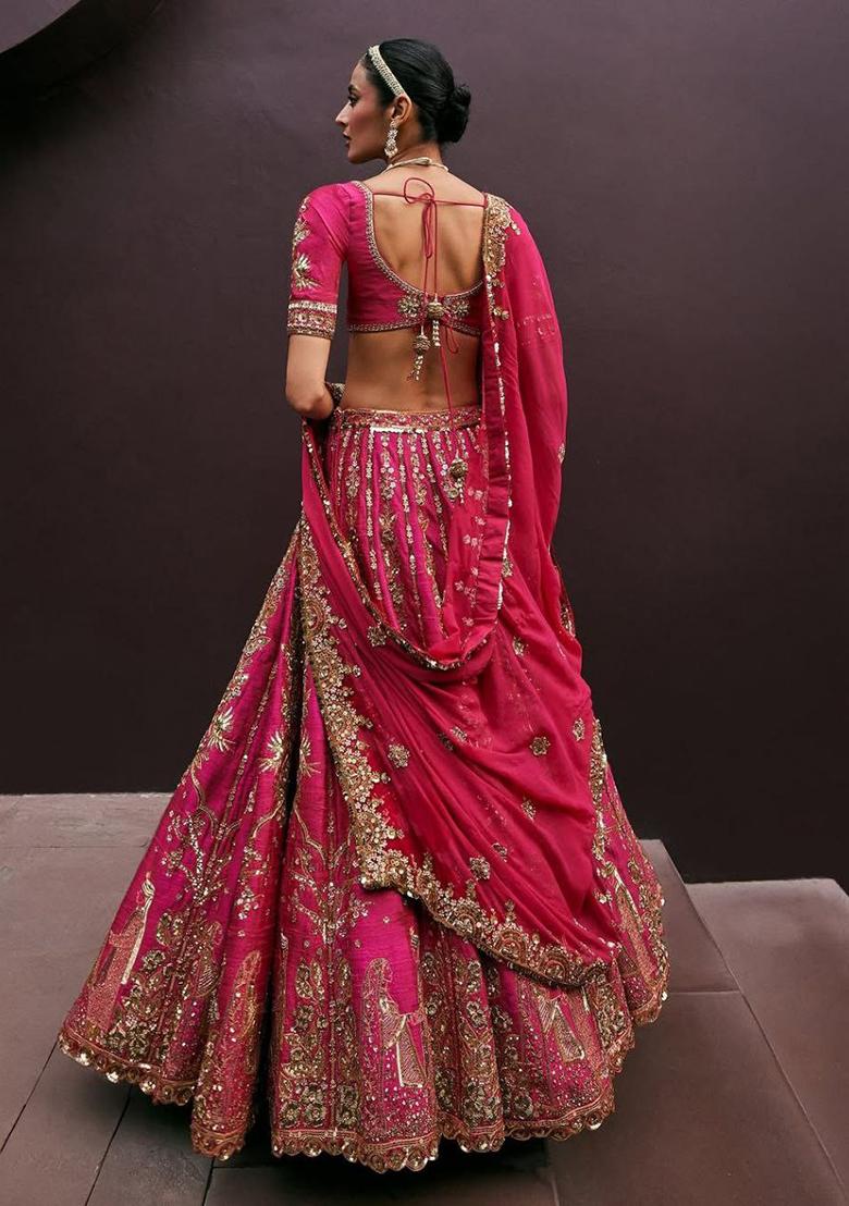 Pink Embroidered Silk Lehenga Set - Indya