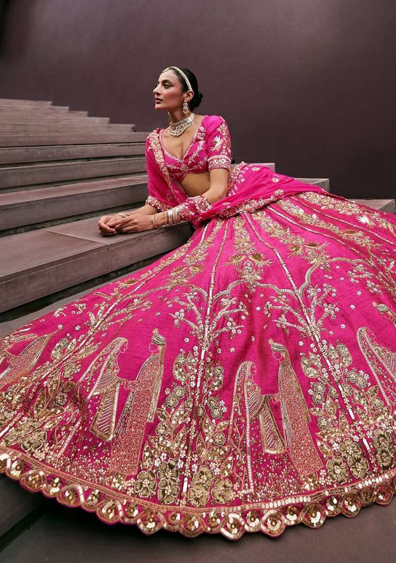 Pink Silk Blend Lehenga Set with Embroidered for Diwali | Wedding & Festive Wear - Indya