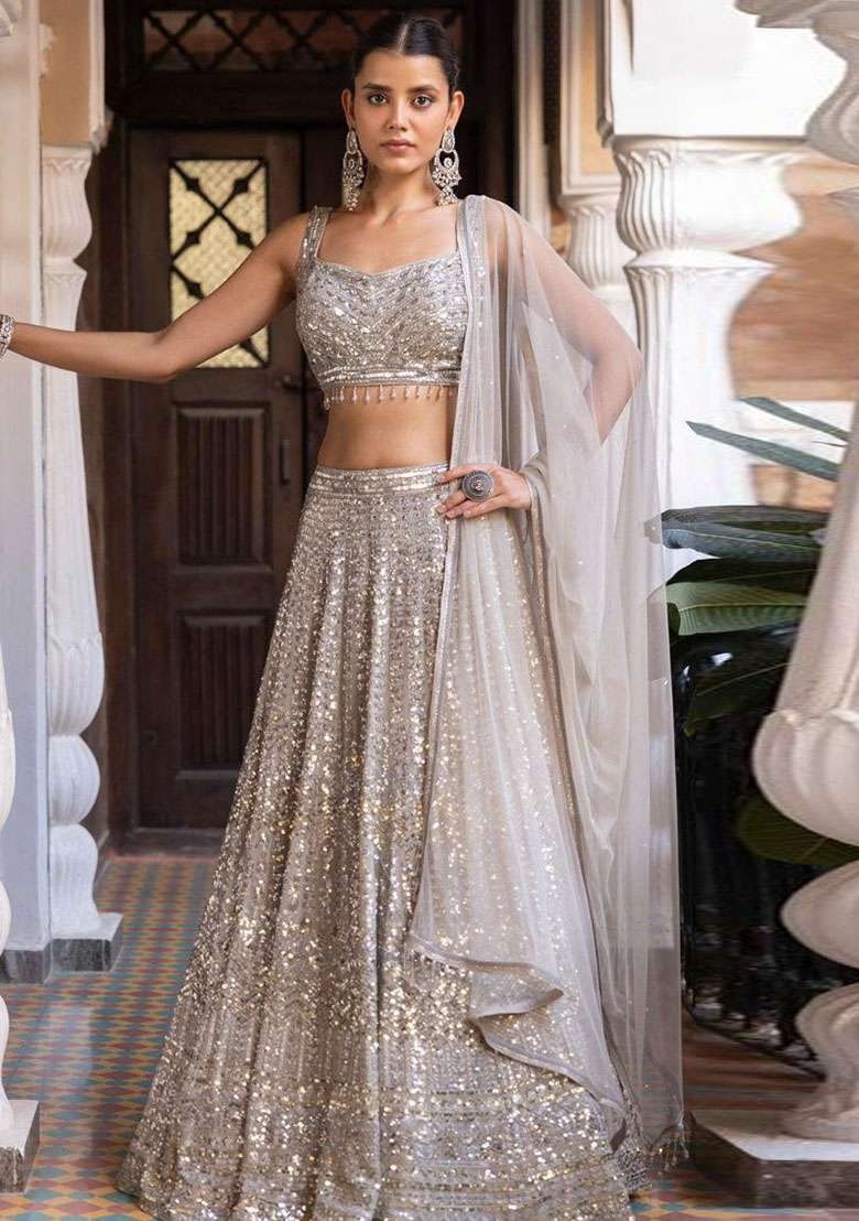 Silver Silk Blend Lehenga Set with Embroidered for Diwali | Wedding & Festive Wear - Indya