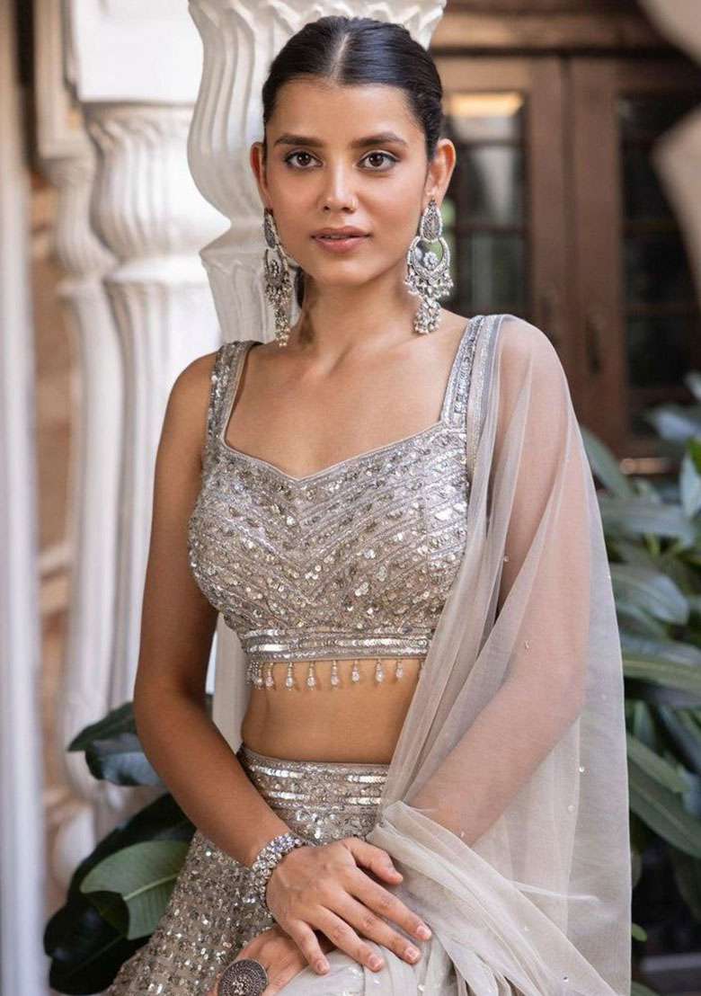 Silver Silk Blend Lehenga Set with Embroidered for Diwali | Wedding & Festive Wear - Indya