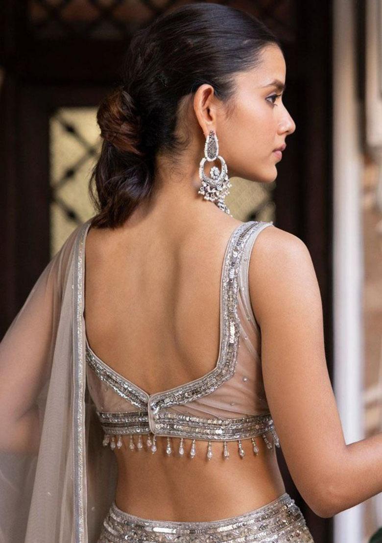 Silver Embroidered Silk Lehenga Set - Indya