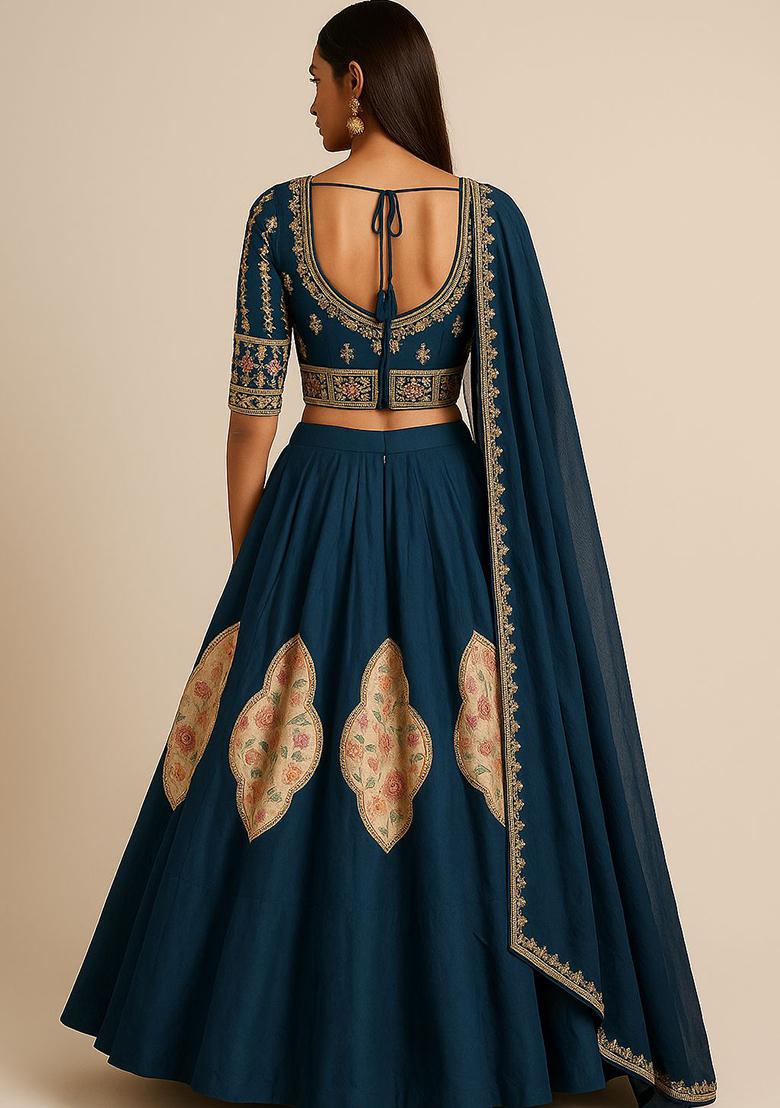 Navy Blue Embroidered Silk Lehenga Set - Indya