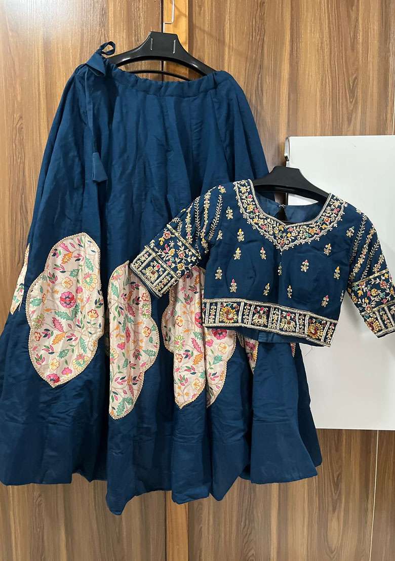 Navy Blue Embroidered Silk Blend Lehenga Set - Indya
