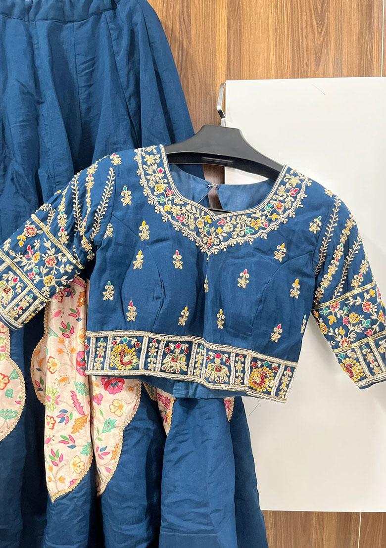 Navy Blue Embroidered Silk Lehenga Set - Indya