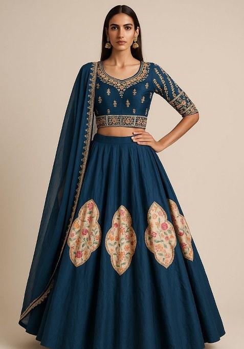 Navy Blue Embroidered Silk Lehenga Set — view on Indya