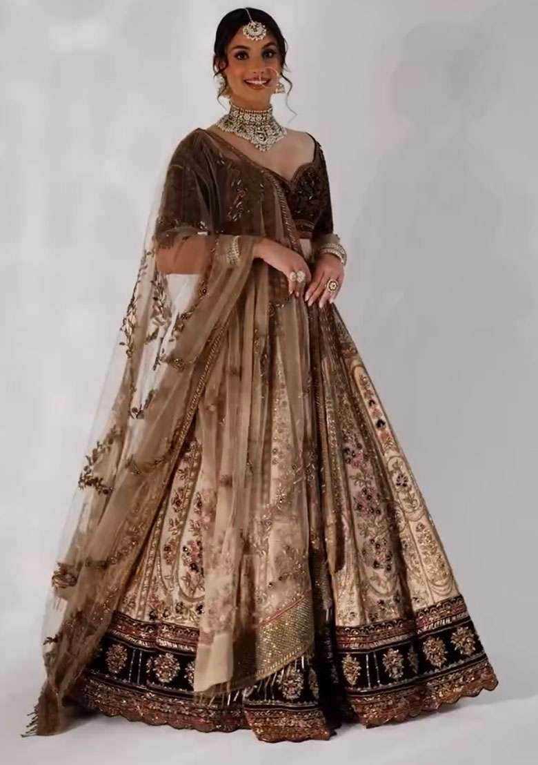 Cream Embroidered Velvet Lehenga Set - Indya