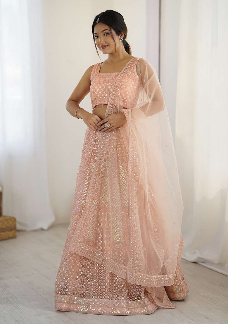 Peach Embroidered Net Lehenga Set for Diwali and Festive Wear - Indya