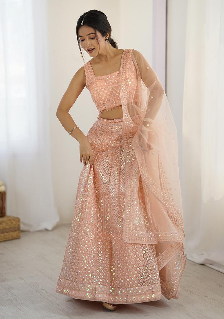 Peach Embroidered Net Lehenga Set - Indya