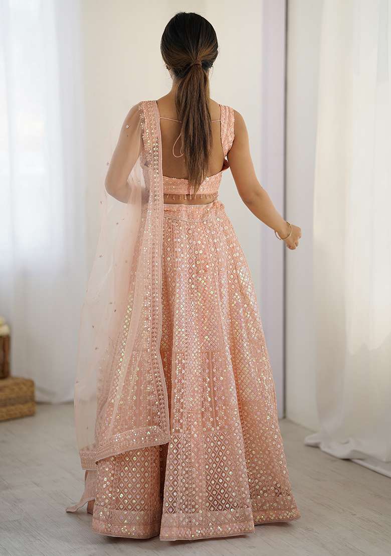 Peach Embroidered Net Lehenga Set for Diwali and Festive Wear - Indya