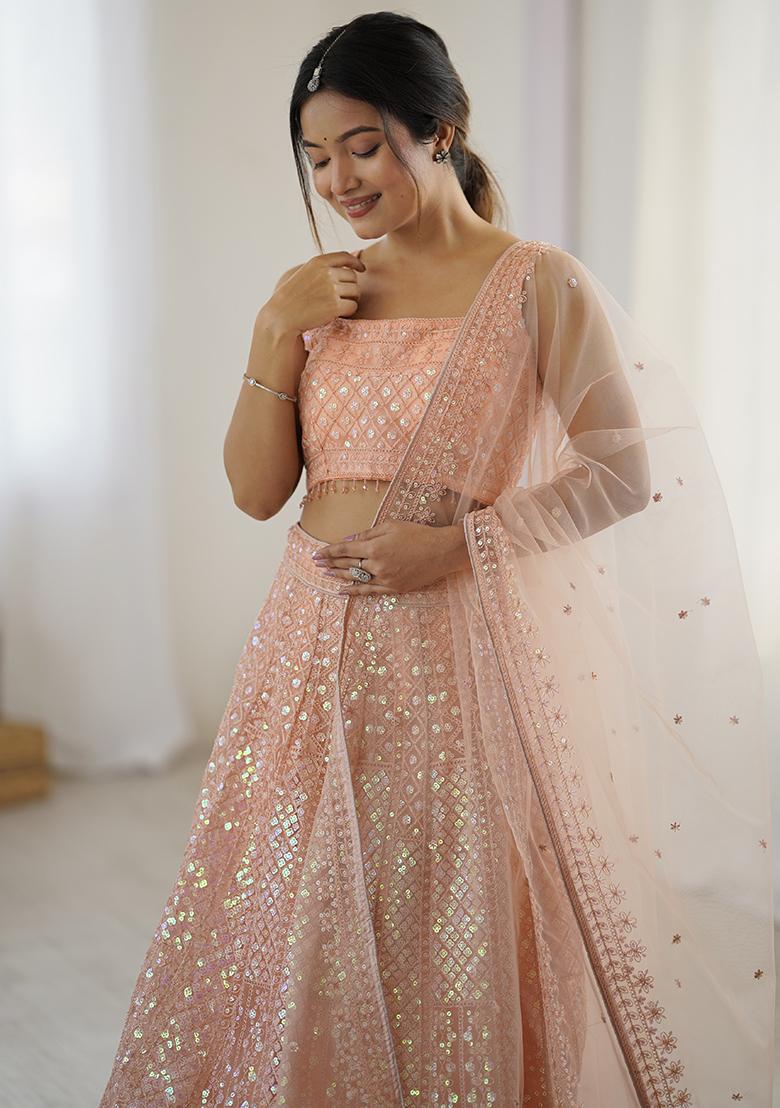 Peach Embroidered Net Lehenga Set - Indya