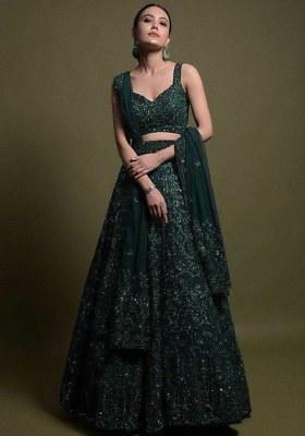 Green Embroidered Net Lehenga Set