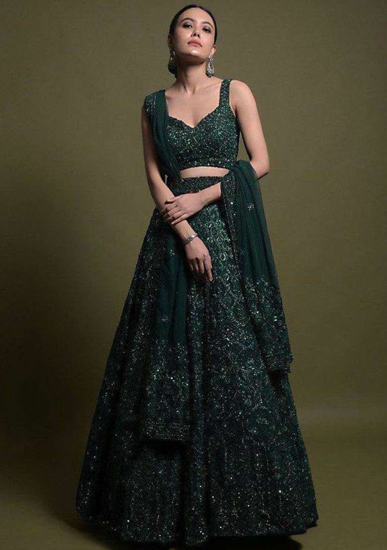 Green Net Lehenga Set with Embroidered for Diwali | Wedding & Festive Wear - Indya