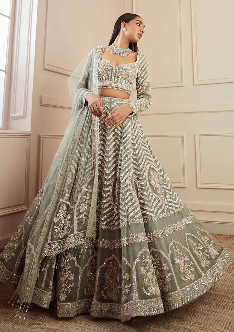 Pista Georgette Lehenga Set with Embroidered for Diwali | Wedding & Festive Wear - Indya