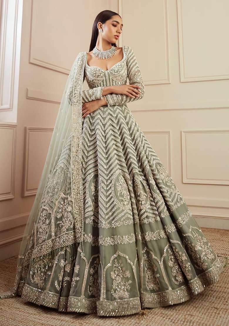 Pista Georgette Lehenga Set with Embroidered for Diwali | Wedding & Festive Wear - Indya