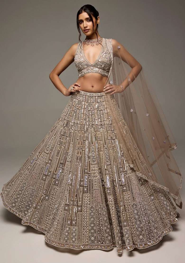 Golden Net Lehenga Set with Embroidered for Diwali | Wedding & Festive Wear - Indya