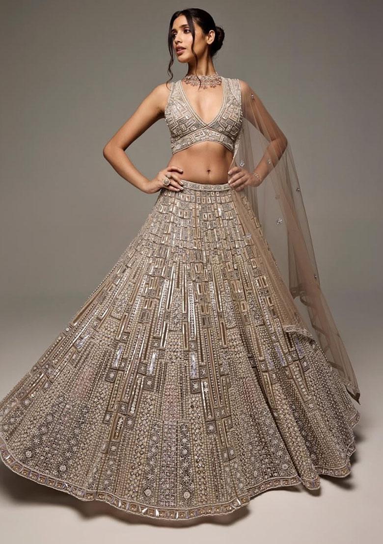 Golden Embroidered Net Lehenga Set - Indya