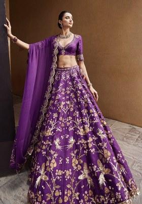 Purple Embroidered Silk Lehenga Set