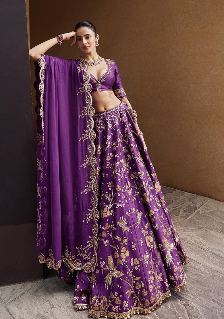 Purple Embroidered Silk Lehenga Set - Indya