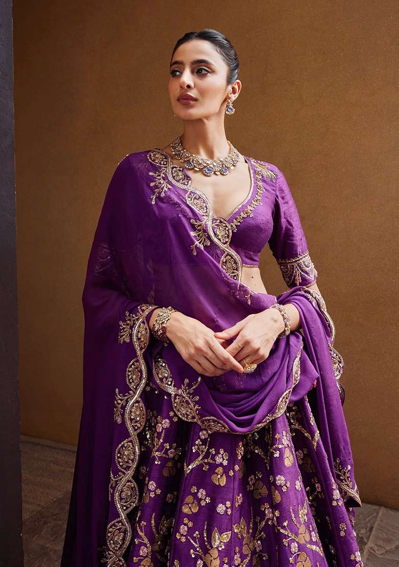Purple Embroidered Silk Blend Lehenga Set for Diwali and Festive Wear - Indya
