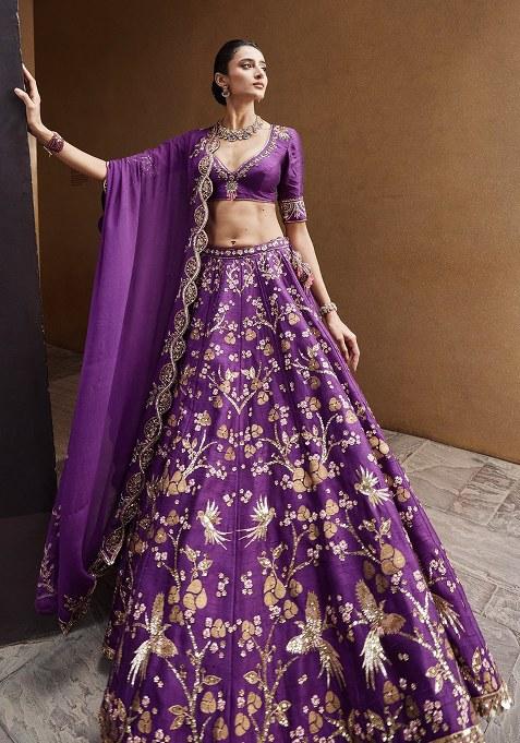 Purple Embroidered Silk Lehenga Set
