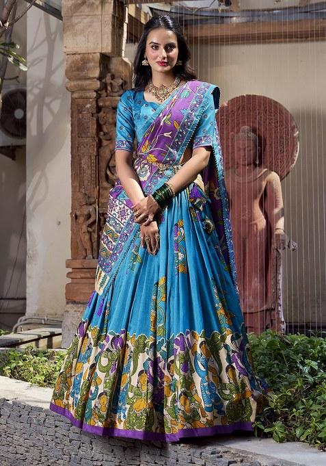 Sky Blue Embroidered Silk Lehenga Set