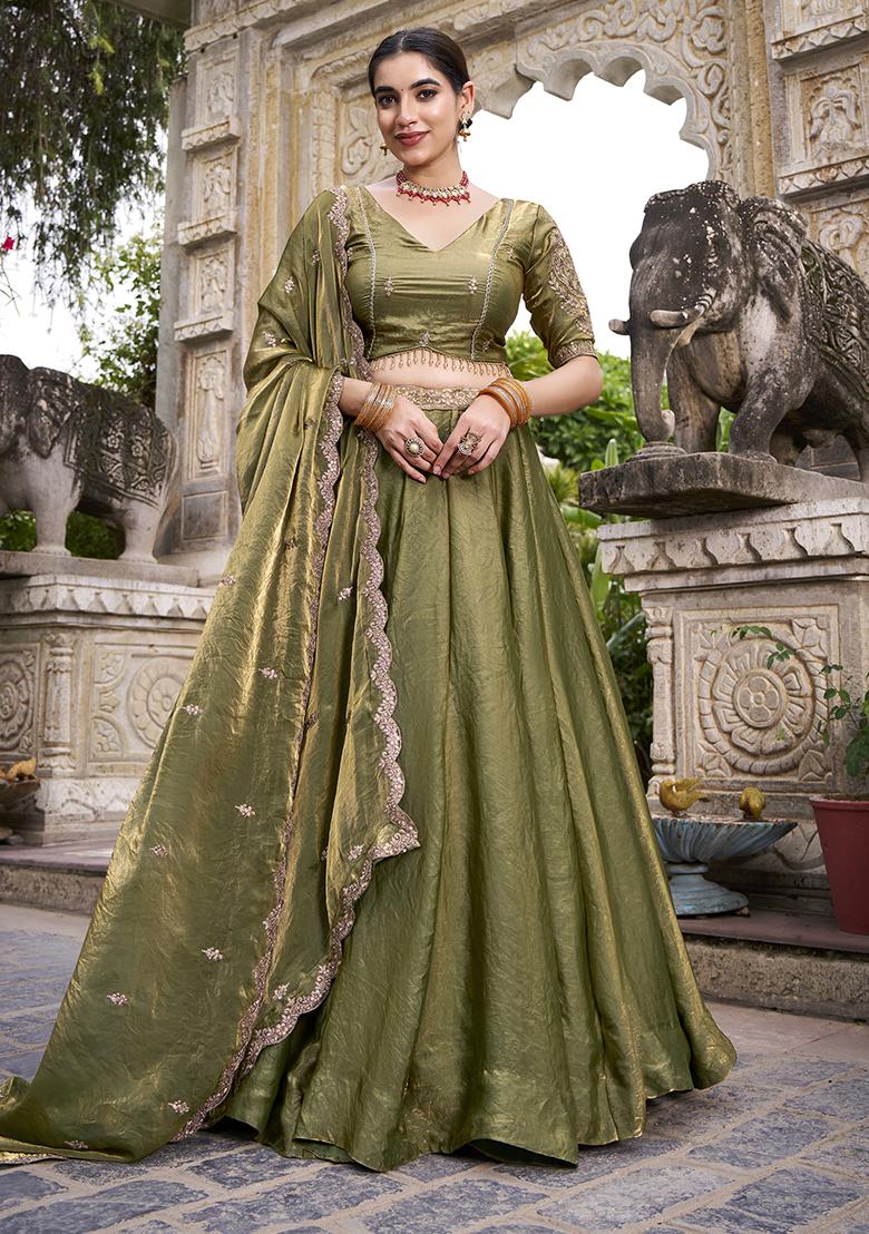Mehendi Embroidered Fendi Lehenga Set - Indya