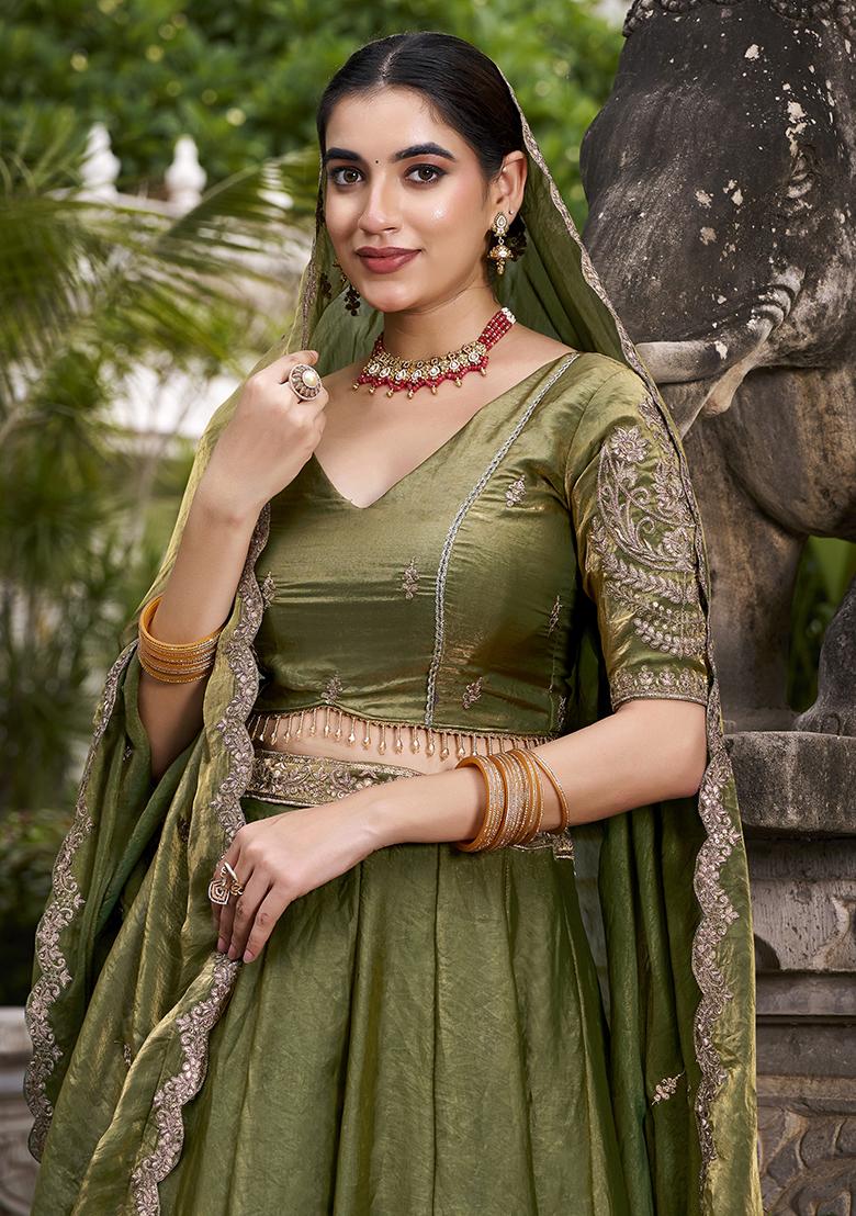Mehendi Embroidered Fendi Lehenga Set - Indya