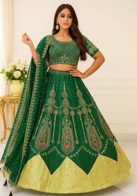 Dark Green Embroidered Silk Lehenga Set