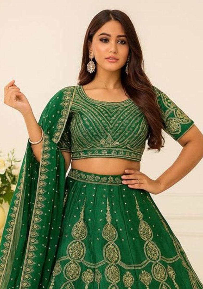 Dark Green Embroidered Silk Lehenga Set - Indya