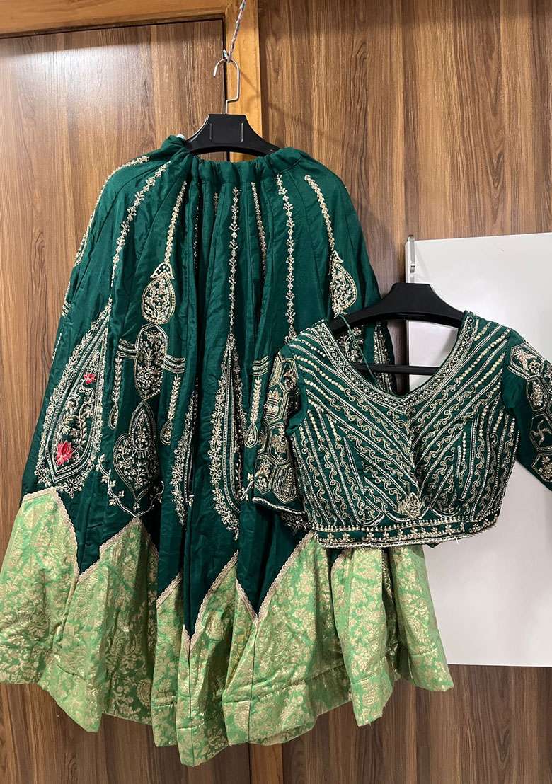 Dark Green Embroidered Silk Blend Lehenga Set - Indya