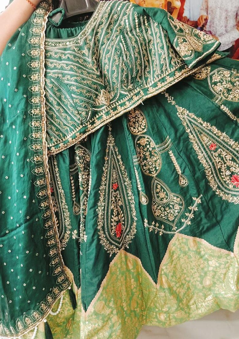 Dark Green Embroidered Silk Lehenga Set - Indya