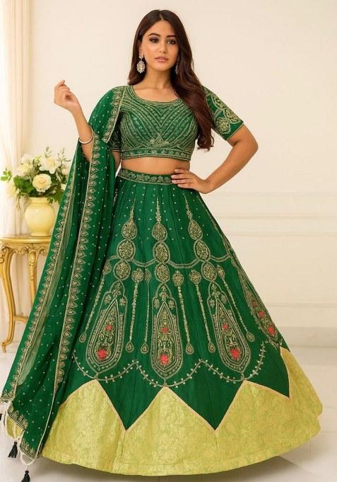 Dark Green Embroidered Silk Lehenga Set — view on Indya