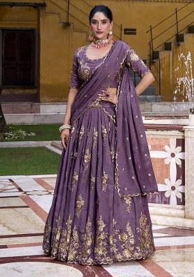 Purple Embroidered Gold Crush Lehenga Set