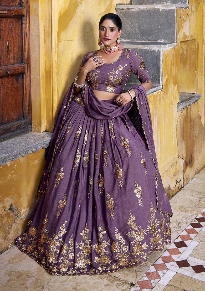 Purple Embroidered Gold Crush Lehenga Set - Indya