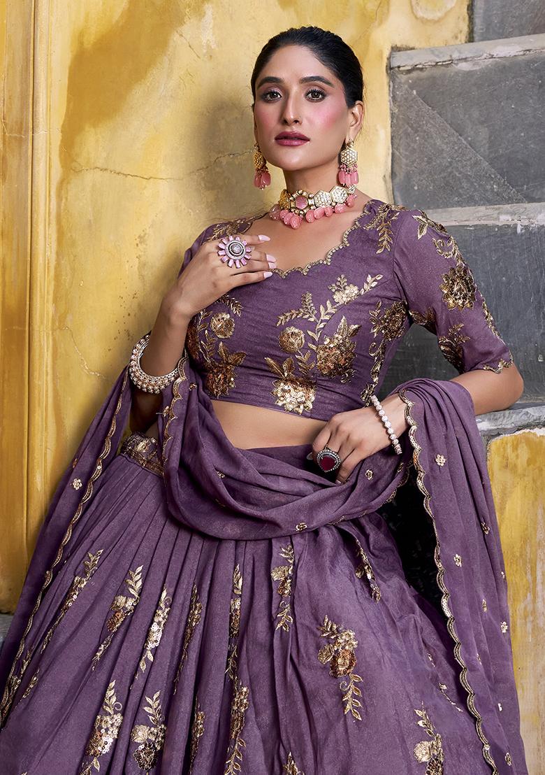 Purple Embroidered Gold Crush Lehenga Set - Indya