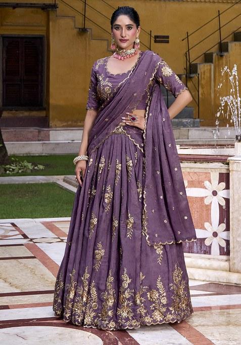 Purple Embroidered Gold Crush Lehenga Set