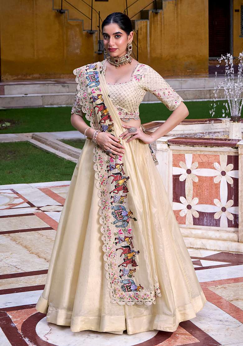 Cream Blended Lehenga Set with Embroidered for Diwali | Wedding & Festive Wear - Indya