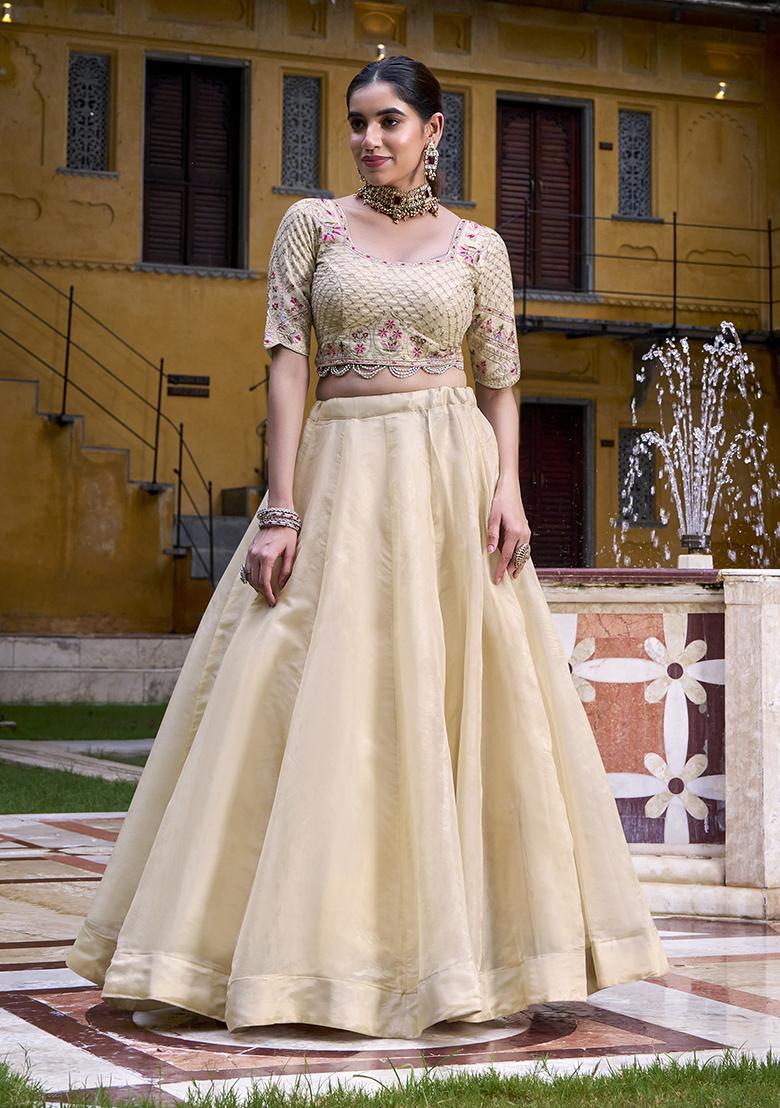 Cream Embroidered Blended Lehenga Set - Indya