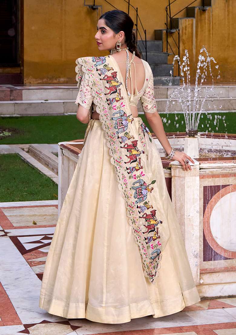Cream Blended Lehenga Set with Embroidered for Diwali | Wedding & Festive Wear - Indya