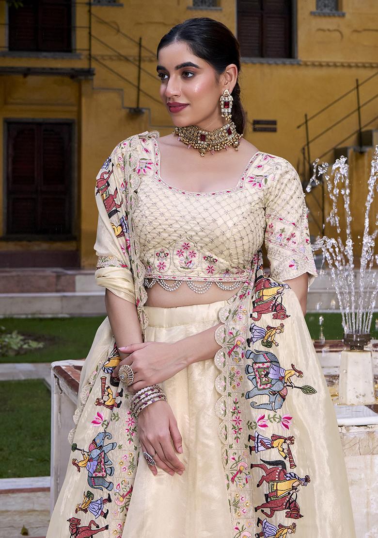 Cream Embroidered Blended Lehenga Set - Indya
