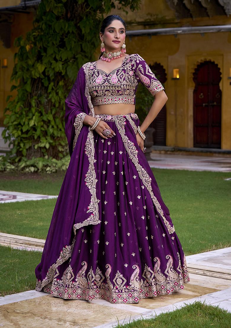Purple Embroidered Crush Lehenga Set - Indya