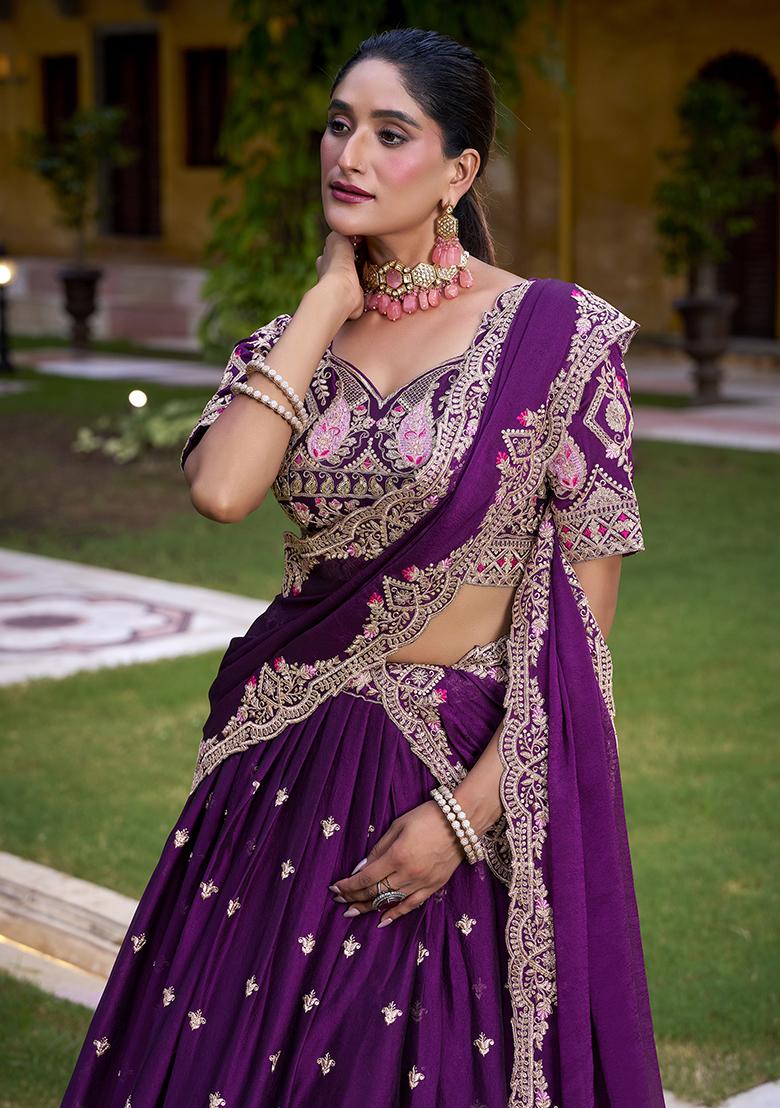 Purple Embroidered Crush Lehenga Set - Indya