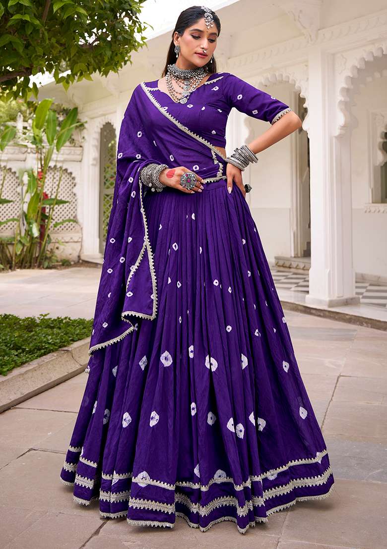 Purple Embroidered Chanderi Lehenga Set for Diwali and Festive Wear - Indya