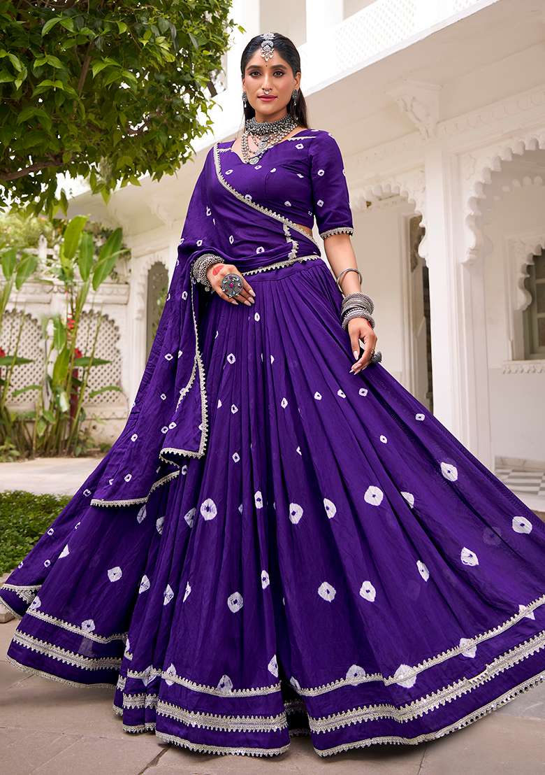 Purple Embroidered Chanderi Lehenga Set for Diwali and Festive Wear - Indya