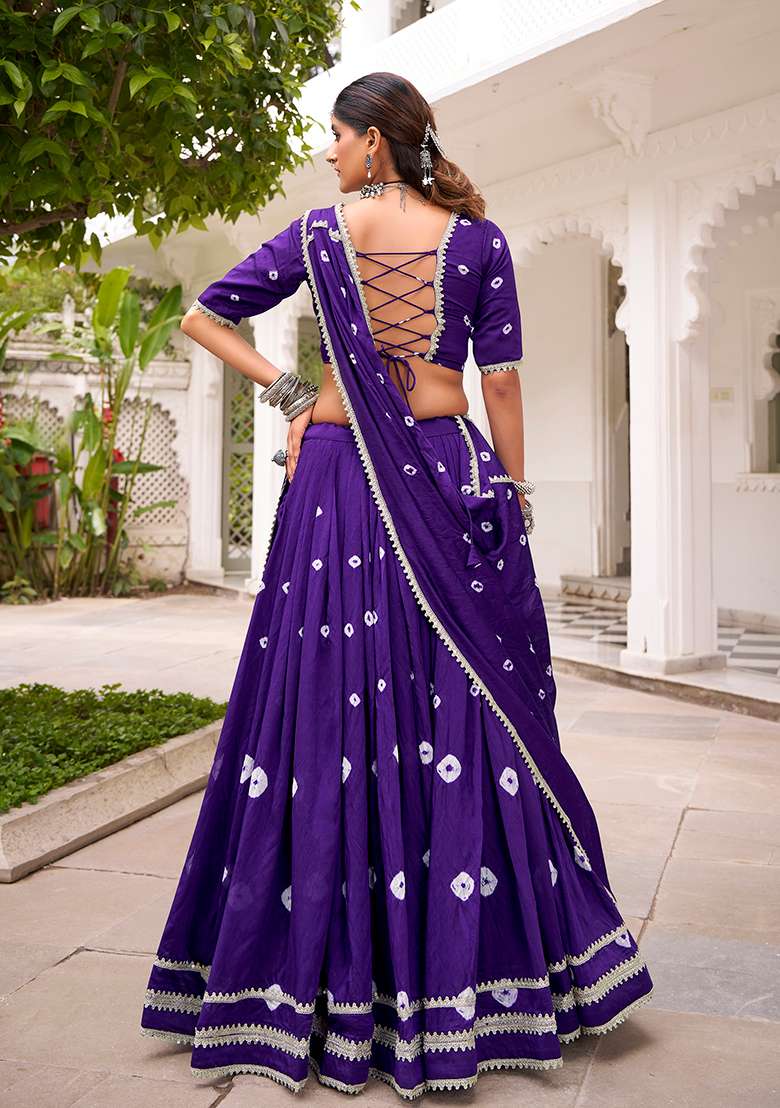 Purple Embroidered Chanderi Lehenga Set for Diwali and Festive Wear - Indya